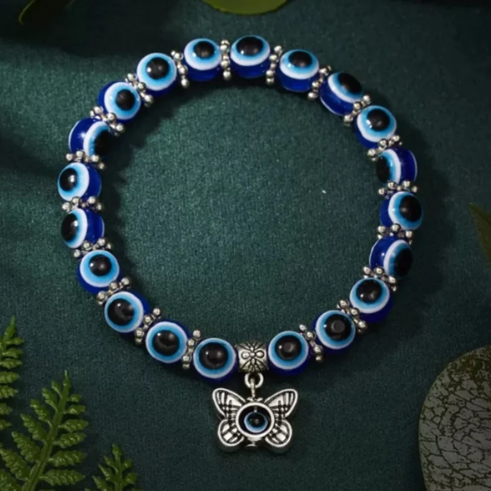 NWT Bright Blue Black Beaded Butterfly Lucky Bracelet Meditation - Picture 8 of 8
